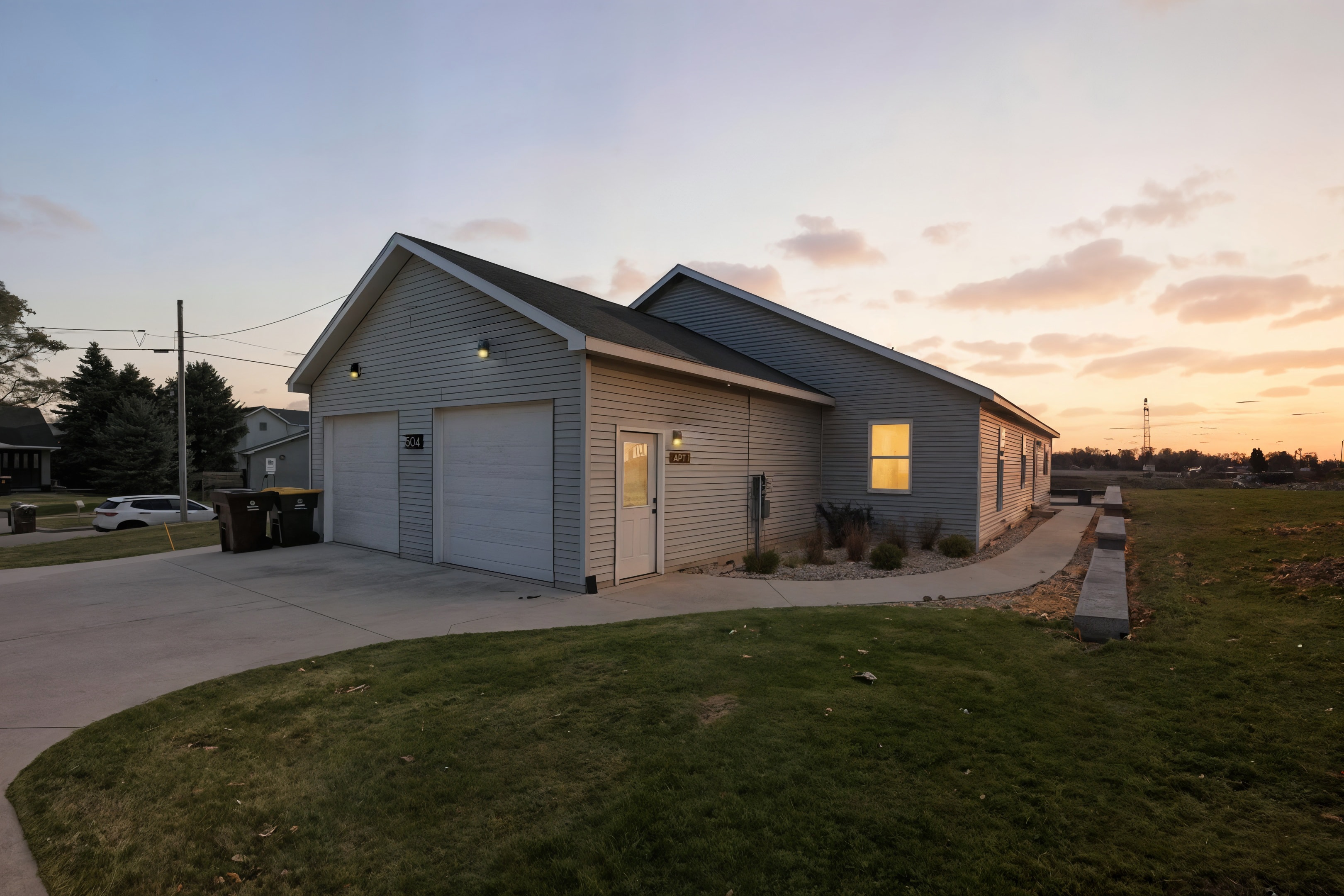 Michigan rental home exterior at dusk